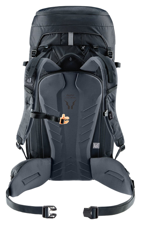 Back of the Deuter Freescape Tour 38 SL showing the LiteSnow back panel, shoulder straps and hip fins