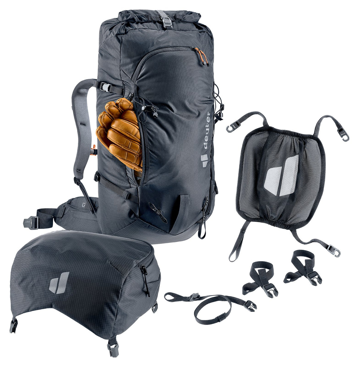 Deuter Freescape Tour 38 SL with the lid and mesh helmet holder detached, glove in the side pocket