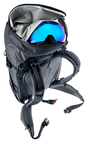 Deuter Freescape Tour 38 SL fleece-lined goggle pocket open with ski goggles inside
