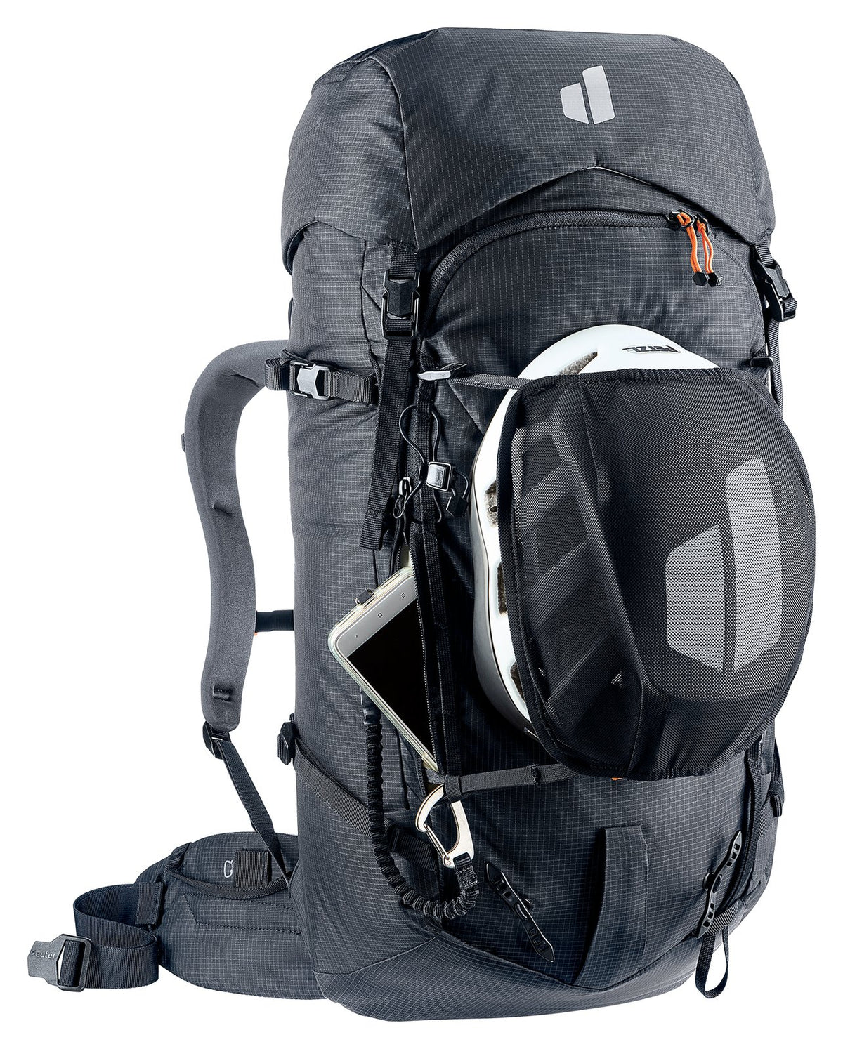 Deuter Freescape Tour 38 SL carrying a ski helmet in the mesh helmet holder