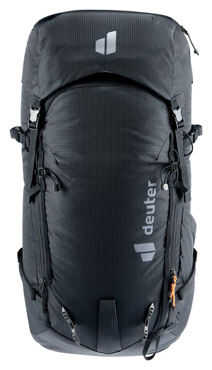 Deuter Freescape Tour 38 SL in Black, straight-on front view of the avalanche pocket zip
