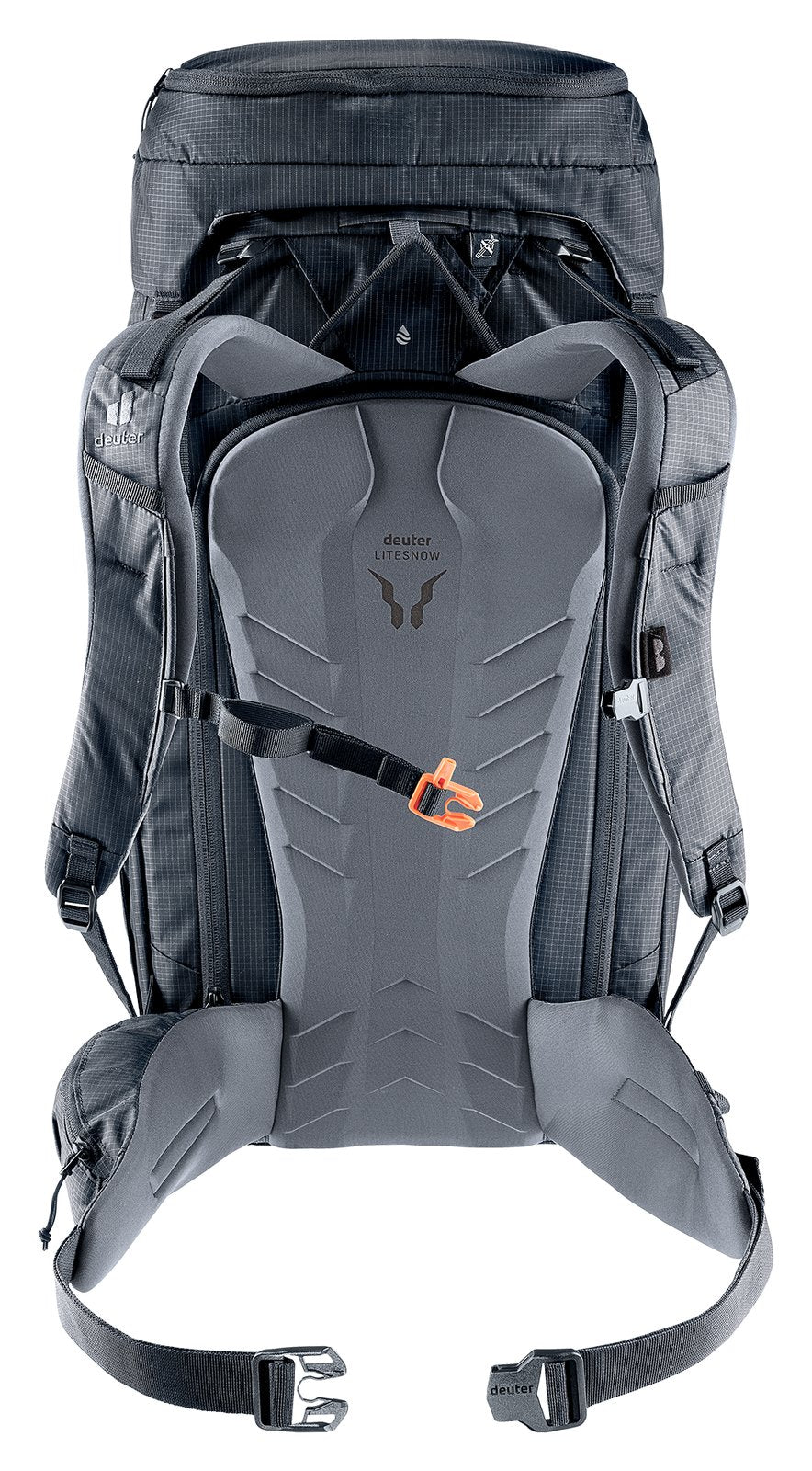Back of the Deuter Freescape Tour 40 showing the LiteSnow back panel and hip fins