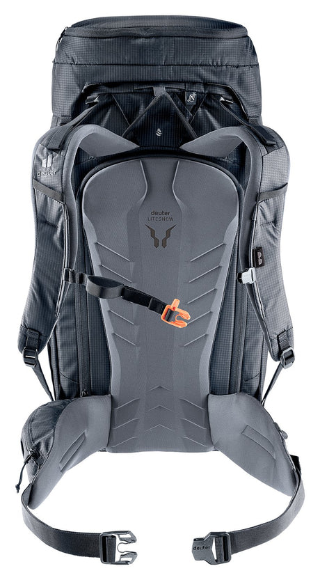 Back of the Deuter Freescape Tour 40 showing the LiteSnow back panel and hip fins
