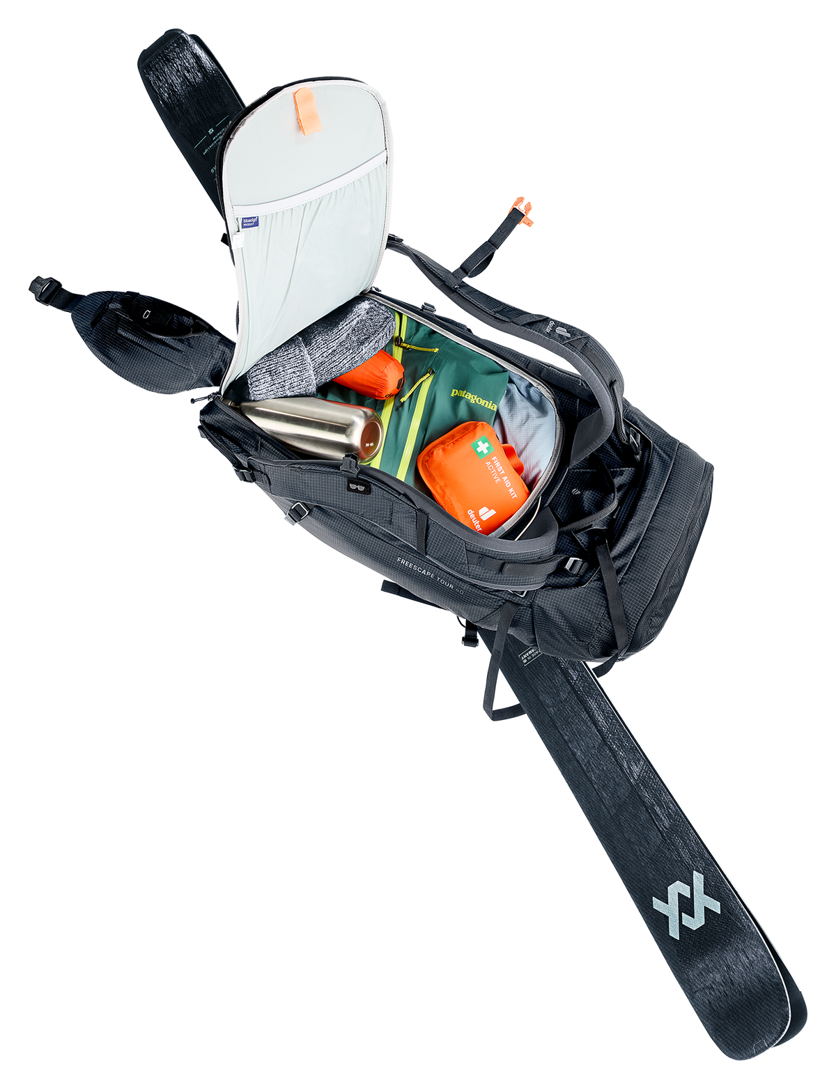 Deuter Freescape Tour 40 opened through the rear zip, with a ski strapped on