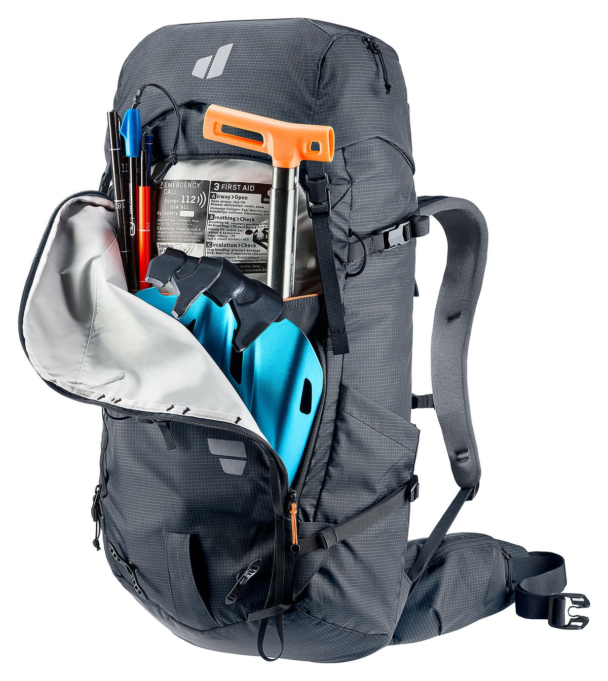 Deuter Freescape Tour 40 front avalanche pocket open with a shovel, probe and first aid kit