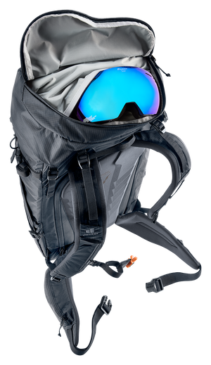 Deuter Freescape Tour 40 roll-top open with ski goggles in the fleece-lined pocket