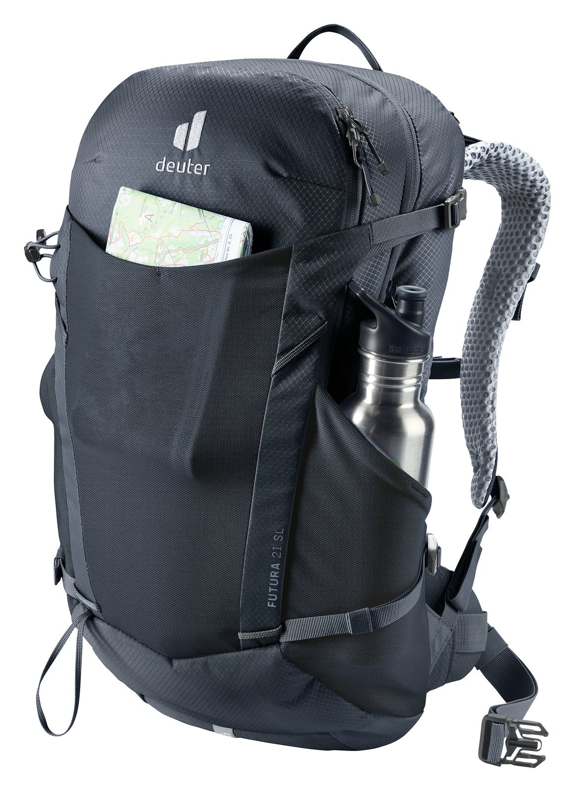 Deuter Futura 21 SL with a map in the front pocket and a bottle in the side pocket