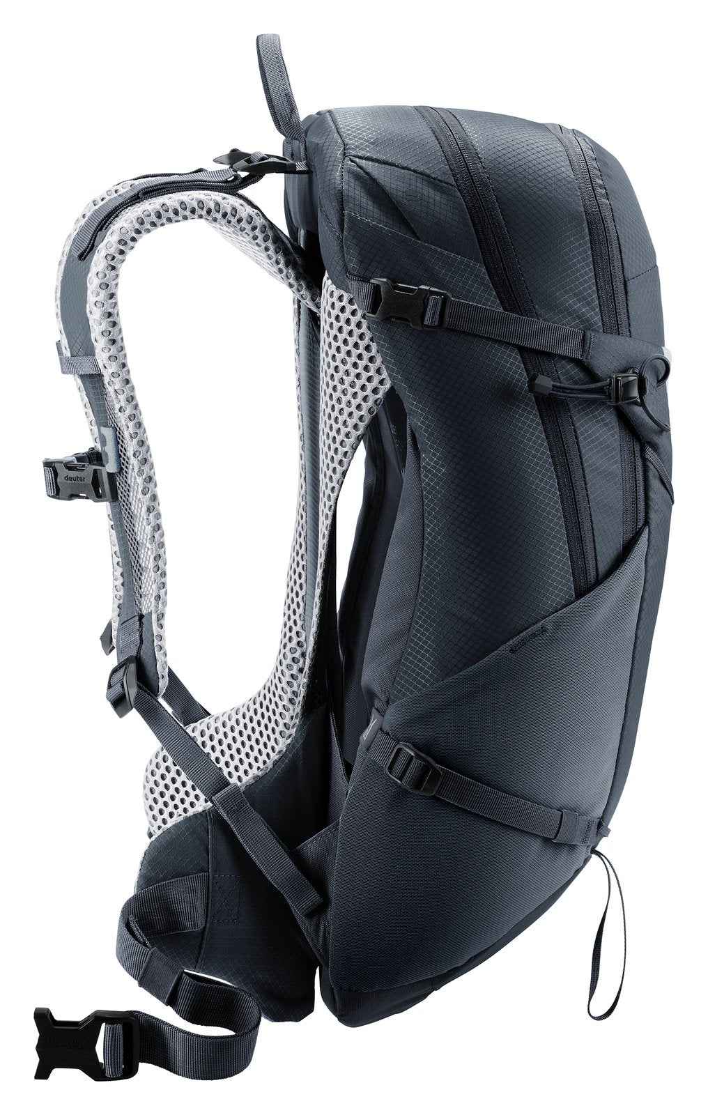 Side profile of the Deuter Futura 21 SL showing the air gap behind the curved mesh back