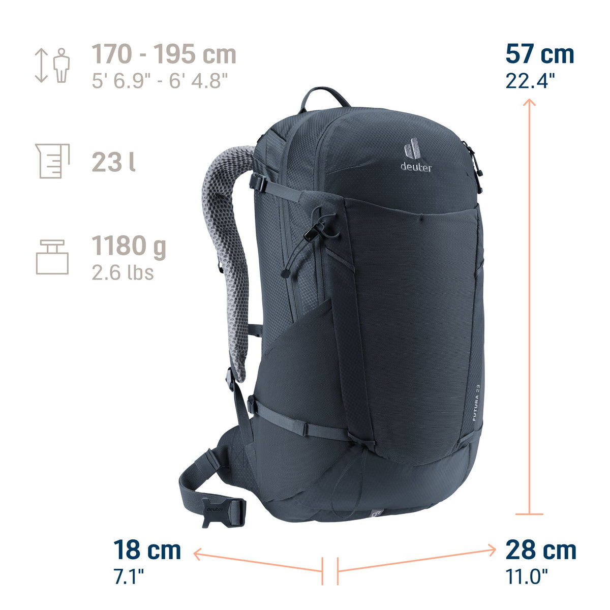Deuter Futura 23 size guide: 57 x 28 x 18 cm, 23 litres, 1180 g, body height 170-195 cm