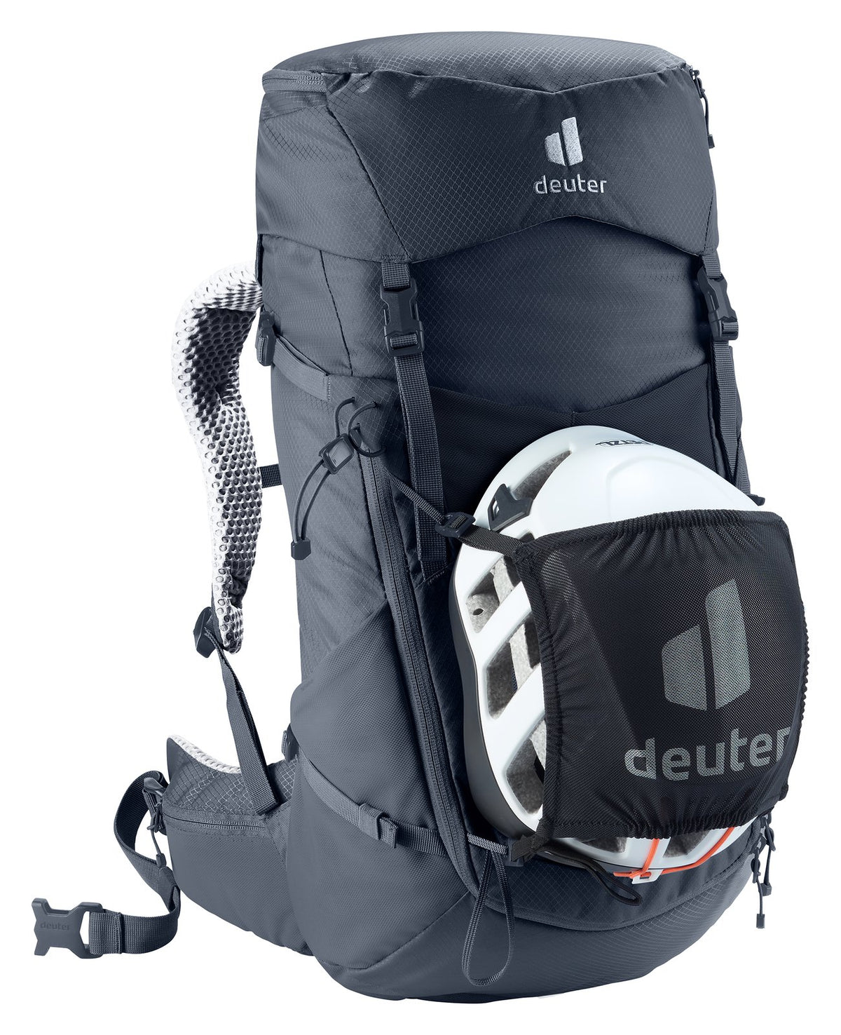 Deuter Futura 24 SL carrying a helmet in the Deuter mesh helmet holder, sold separately