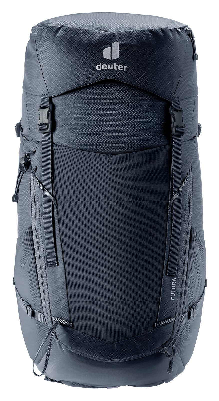Deuter Futura 24 SL in Black, straight-on front view with the U-shaped front zip
