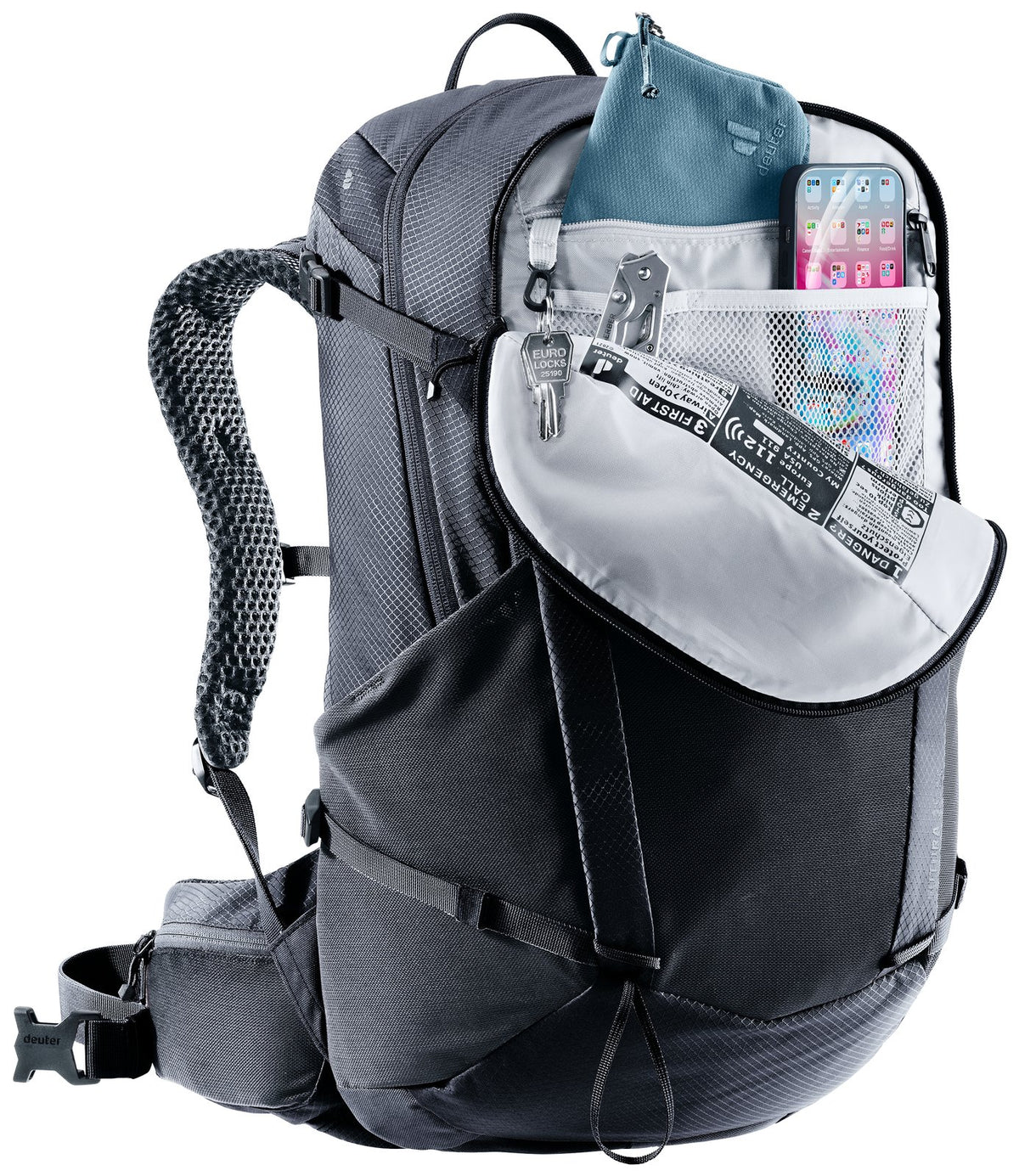 Deuter Futura 25 SL top opening unzipped, showing the main compartment and lid organiser