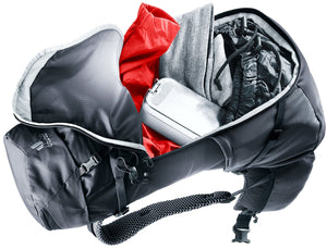 Deuter Futura 26 U-shaped front zip opened wide to show clothing inside