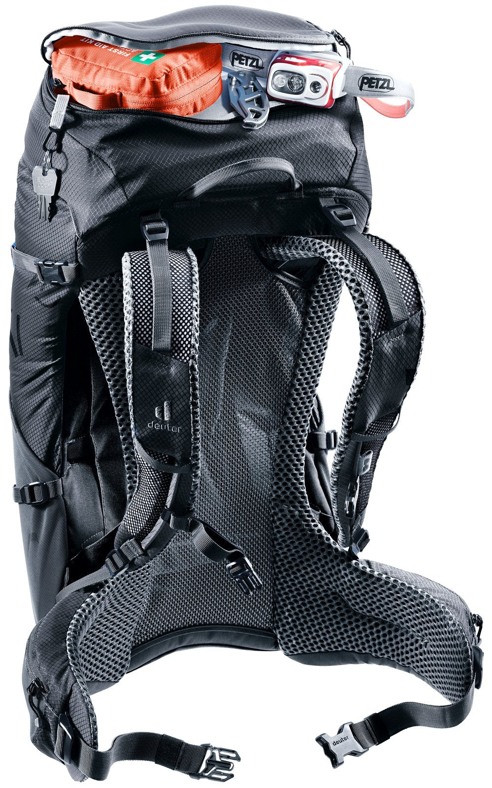 Deuter Futura 26 lid compartment open with snacks and small gear