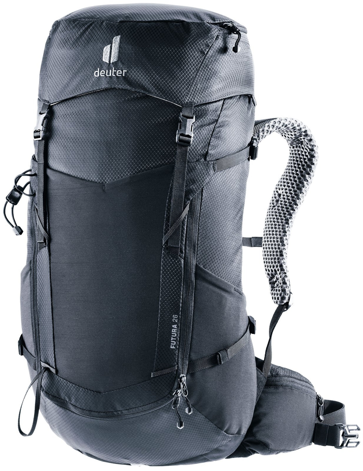 Deuter Futura 26 hiking backpack in Black, front three-quarter view
