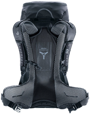 Back of the Deuter Futura 26 showing the Aircomfort mesh panel and padded hip fins