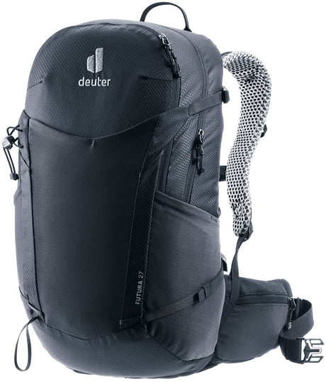 Deuter Futura 27 hiking backpack in Black, front three-quarter view with mesh back and hip fins