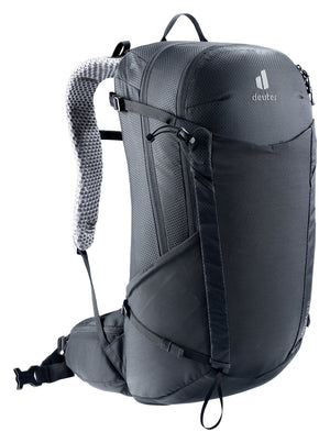 Deuter Futura 29 EL in Black, side three-quarter view of the harness and hip fin