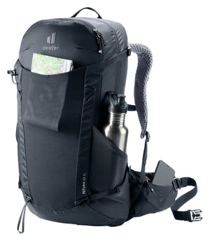 Deuter Futura 29 EL with a map in the front pocket, a bottle at the side and a phone in the hip fin pocket
