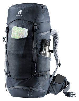 Deuter Futura 30 SL with a map in the front pocket, bottle in the side pocket and phone on the hip fin
