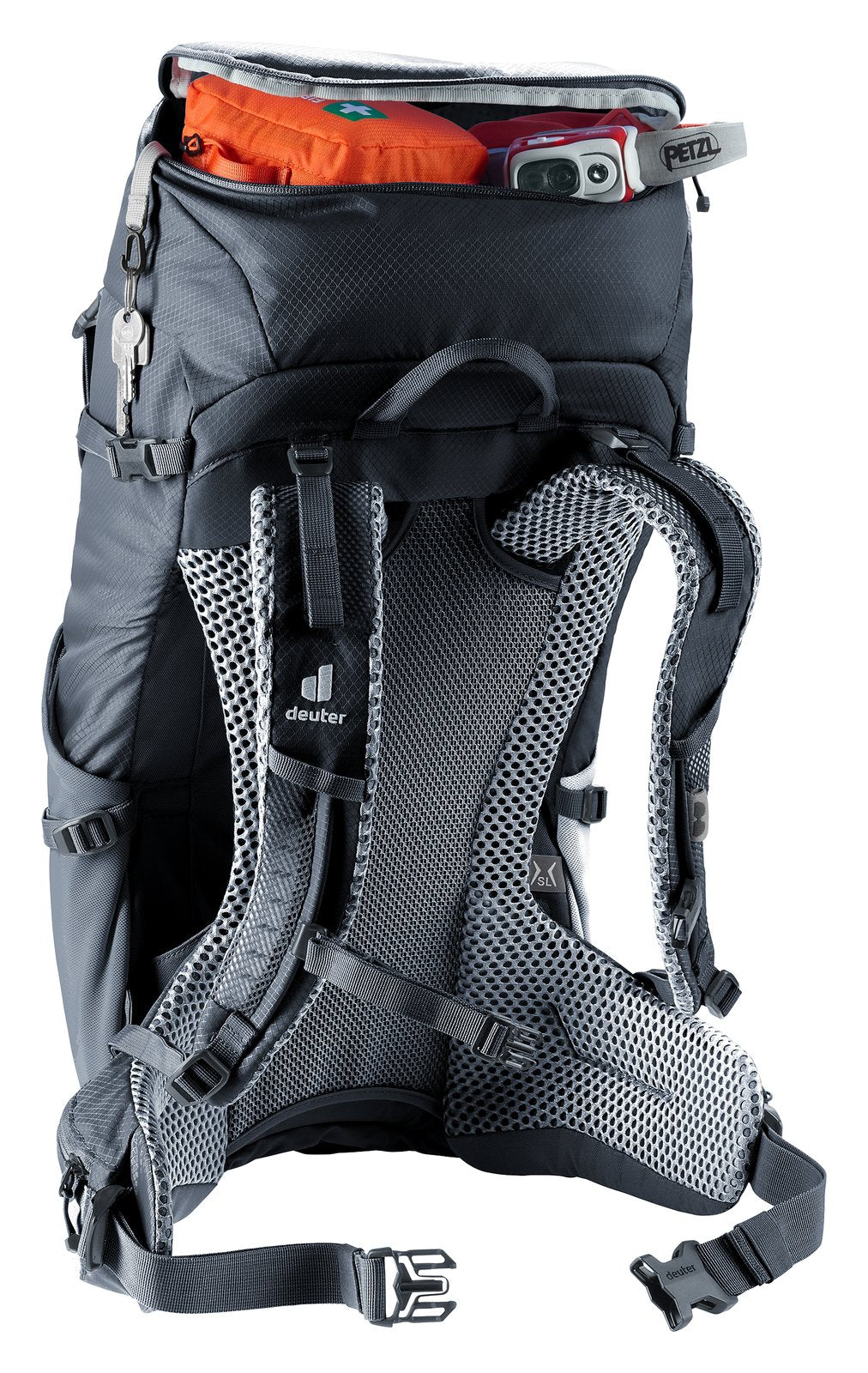 Deuter Futura 30 SL lid open showing gear packed in the top of the main compartment