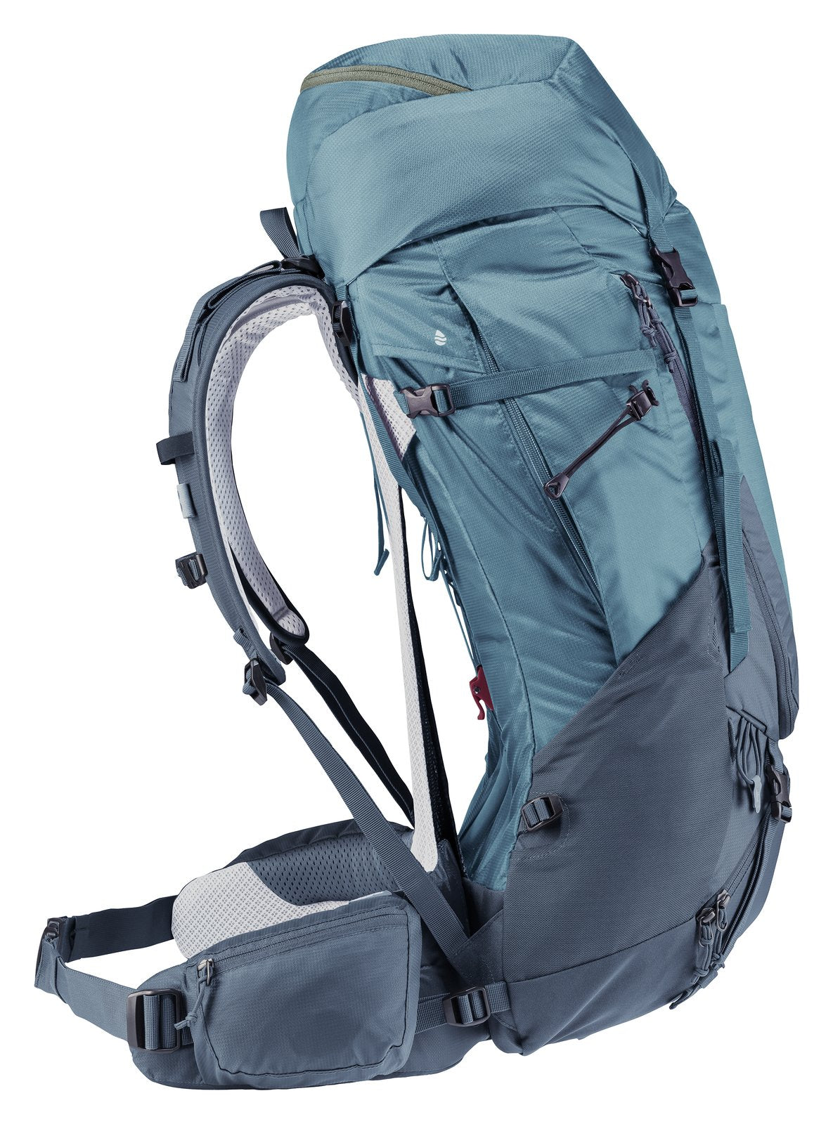 Deuter Futura Air Trek 50+10 side profile showing the ventilated gap behind the pack