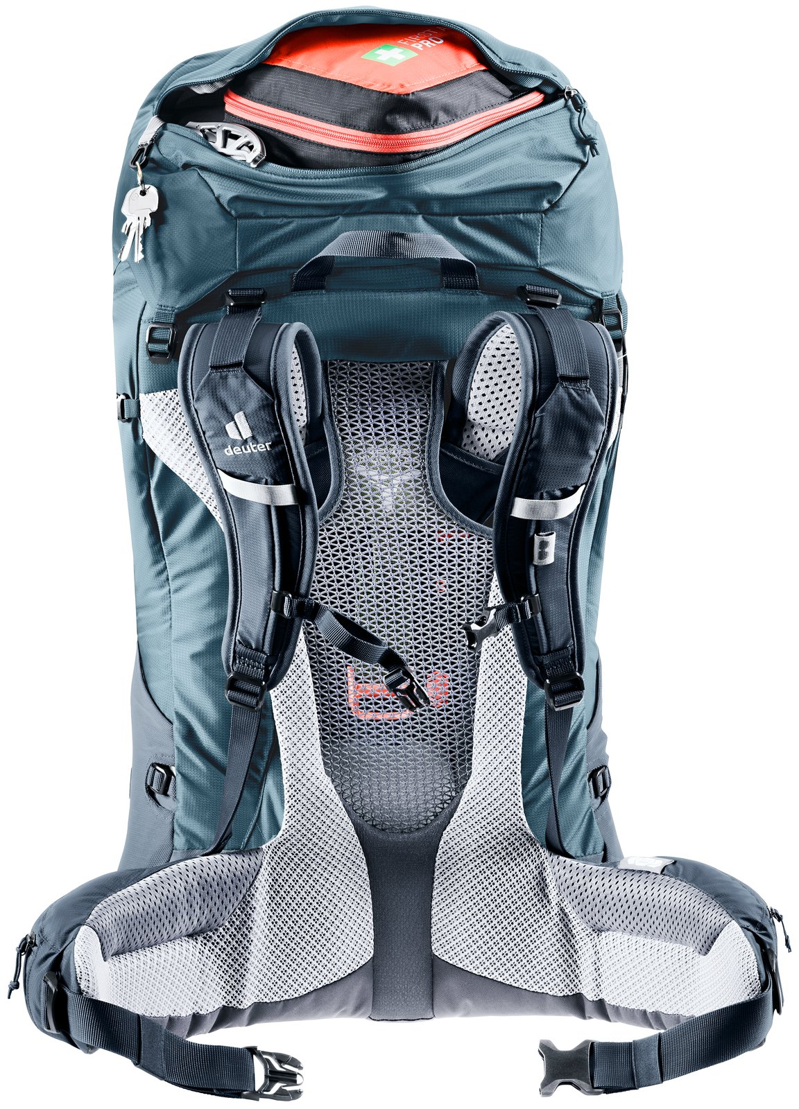 Deuter Futura Air Trek 50+10 harness from behind, with the lid pocket open