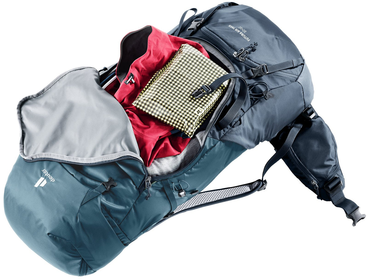 Deuter Futura Air Trek 50+10 with front zip access open over packed gear