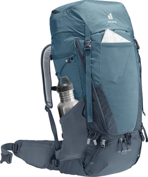 Deuter Futura Air Trek 60+10 with a bottle in the side pocket and a map in the front pocket