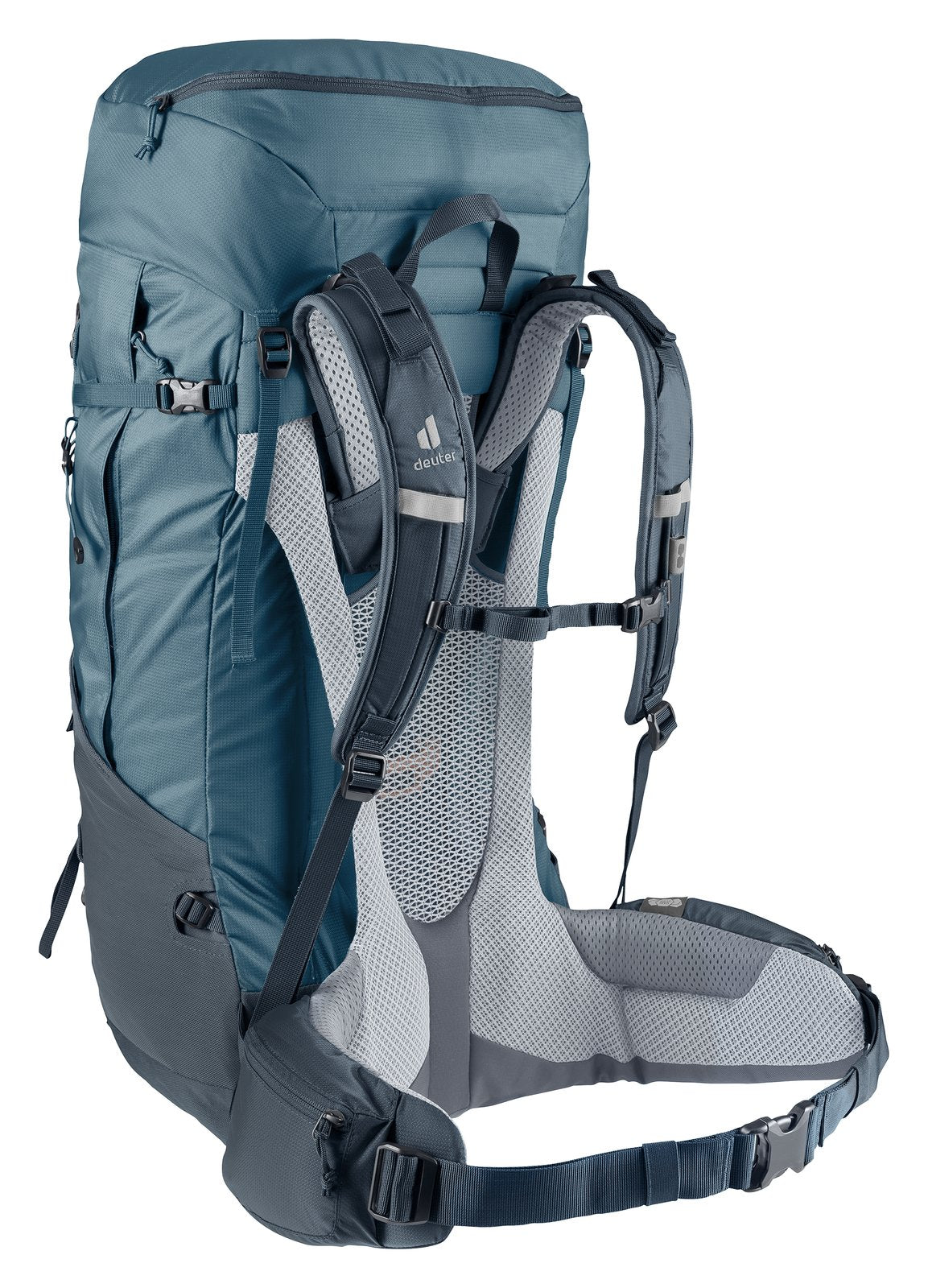 Deuter Futura Air Trek 60+10 rear three-quarter view of the harness and stabiliser straps