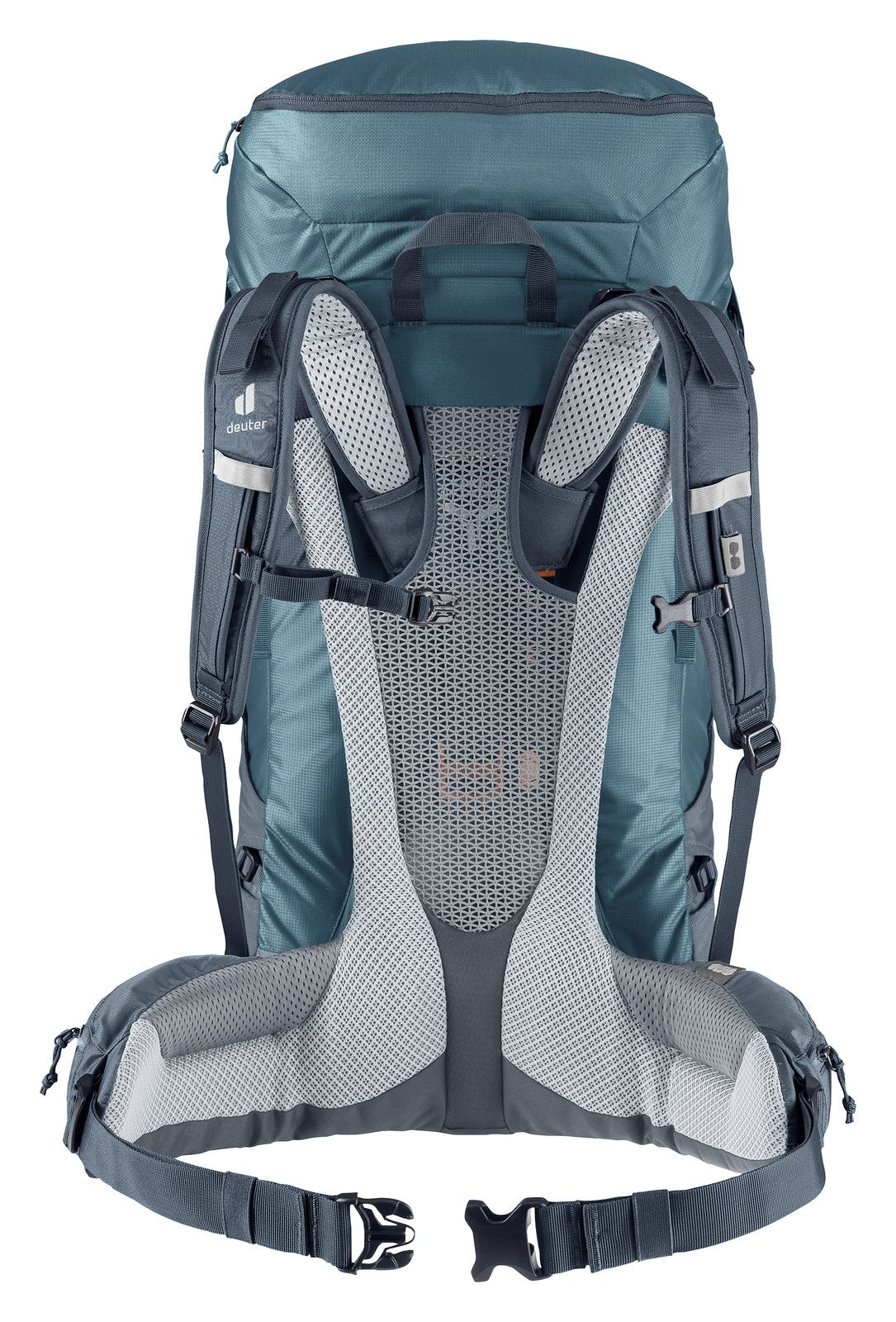 Back of the Deuter Futura Air Trek 60+10 showing the Aircomfort mesh, shoulder straps and hip fins