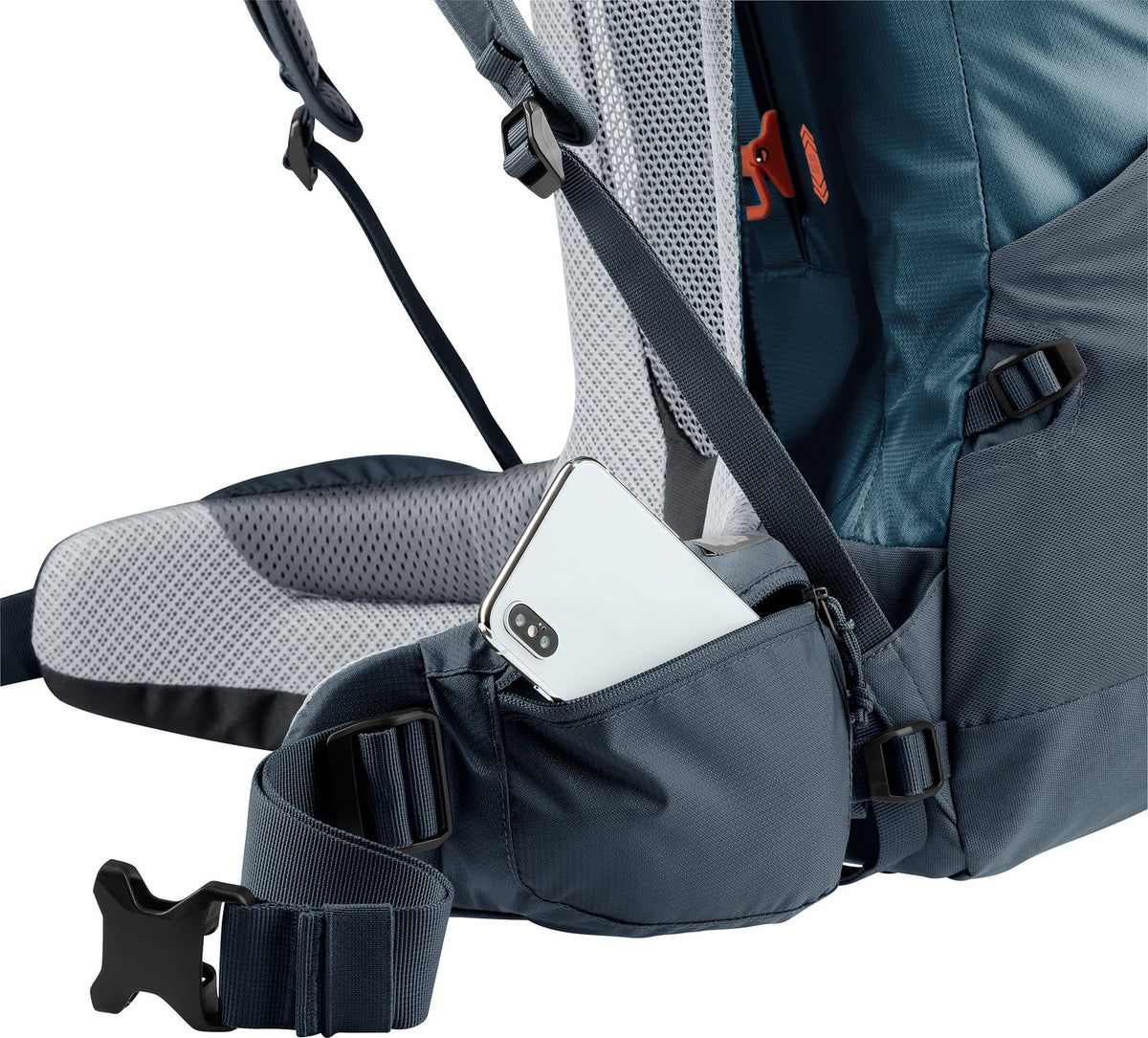Smartphone in a zipped hip fin pocket of the Deuter Futura Air Trek 60+10