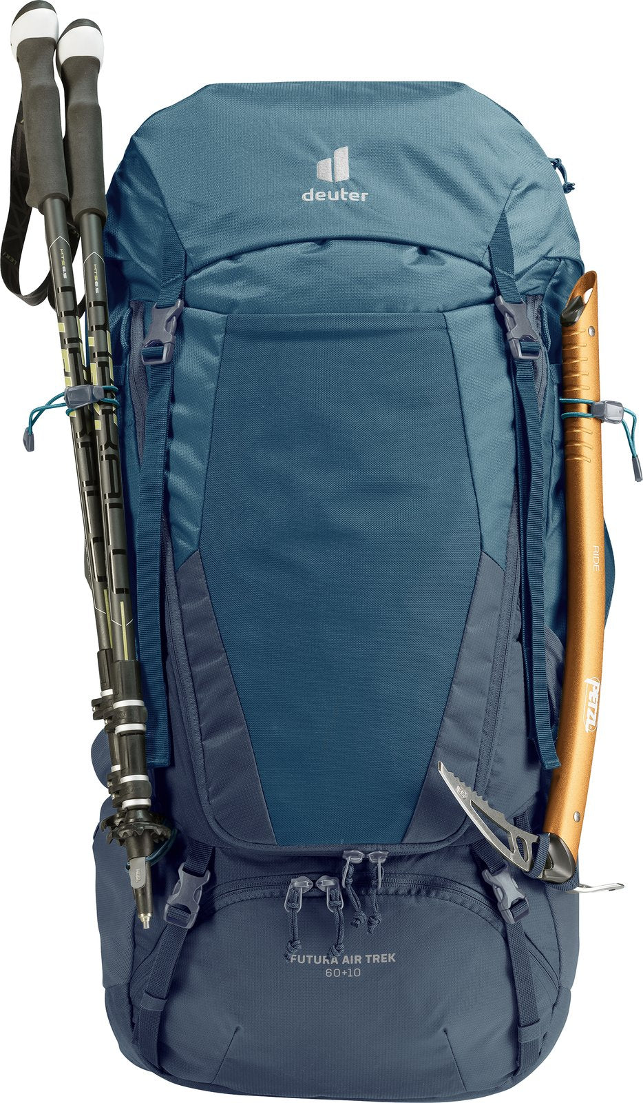 Deuter Futura Air Trek 60+10 with trekking poles and an ice axe attached to the front
