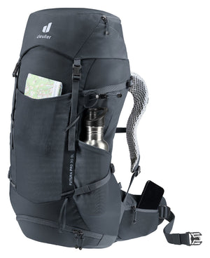 Deuter Futura Pro 30 SL with a map in the front pocket and a bottle in the side pocket