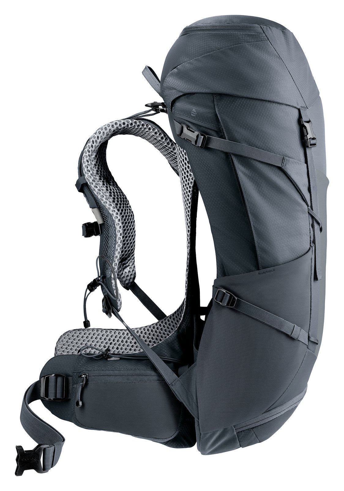 Side profile of the Deuter Futura Pro 30 SL showing the air gap behind the mesh back
