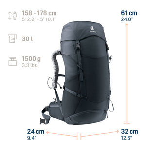 Deuter Futura Pro 30 SL size guide: 61 x 32 x 24 cm, 30 litres, 1500 g, body heights 158-178 cm