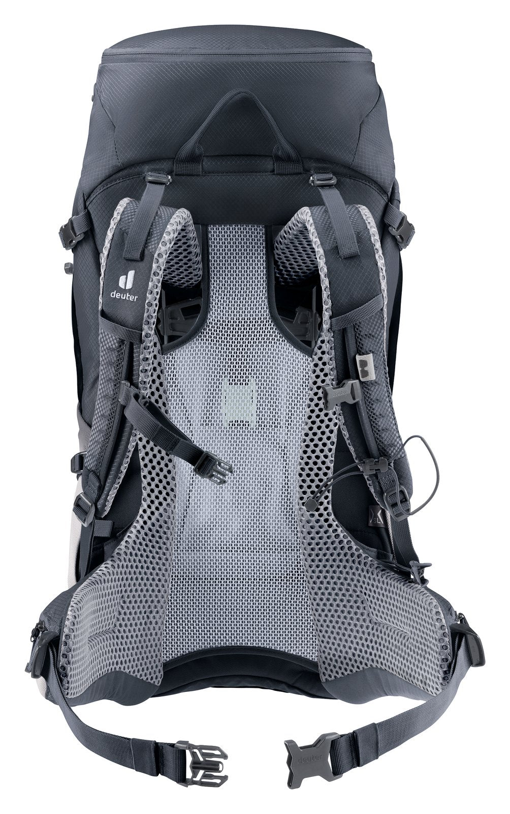 Back of the Deuter Futura Pro 30 SL showing the full-length Aircomfort mesh and hip fins