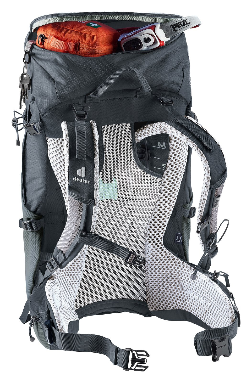 Deuter Futura Pro 30 SL lid open from behind, showing gear packed in the top