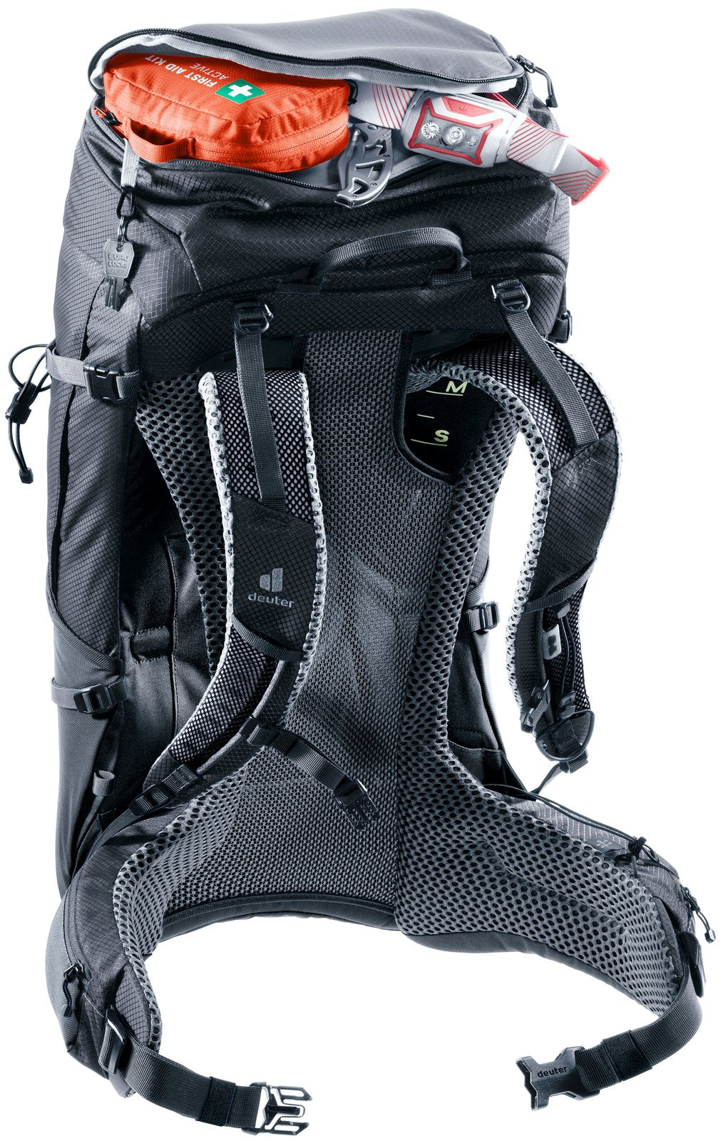 Deuter Futura Pro 32 lid compartment open with a first aid kit inside