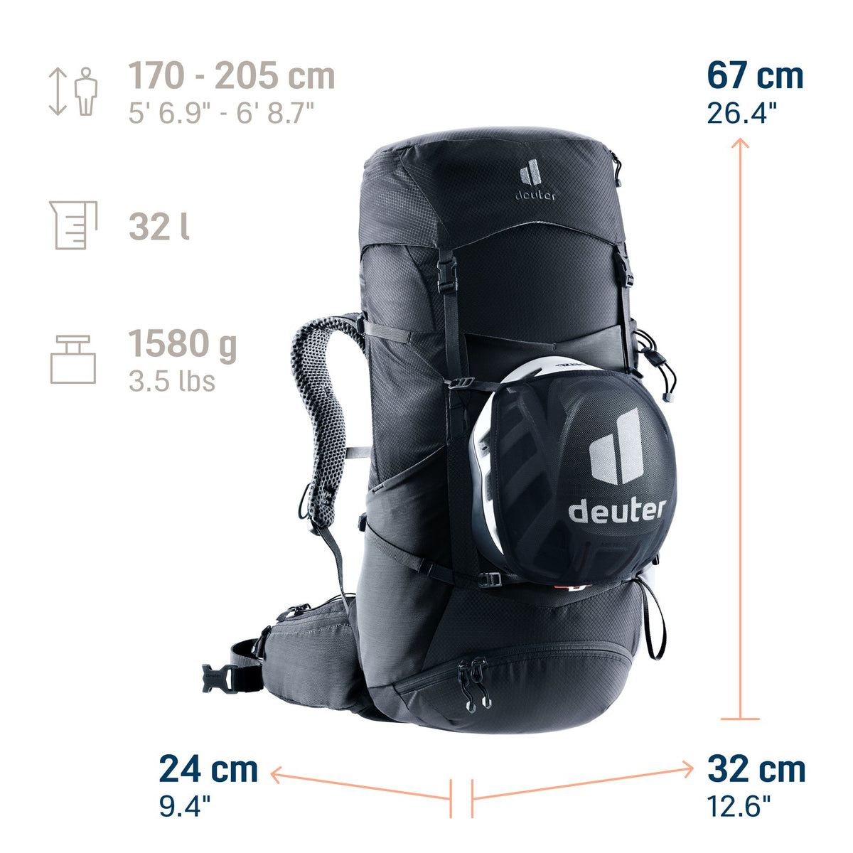 Deuter Futura Pro 32 size guide: 67 x 32 x 24 cm, 32 litres, 1580 g, heights 170-205 cm, helmet holder shown