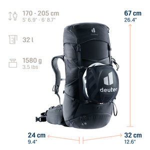 Deuter Futura Pro 32 size guide: 67 x 32 x 24 cm, 32 litres, 1580 g, heights 170-205 cm, helmet holder shown