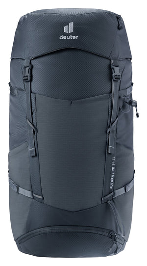 Deuter Futura Pro 34 SL in Black, straight-on front view of the mesh front pocket