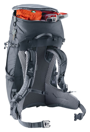 Deuter Futura Pro 34 SL lid open showing gear packed in the main compartment