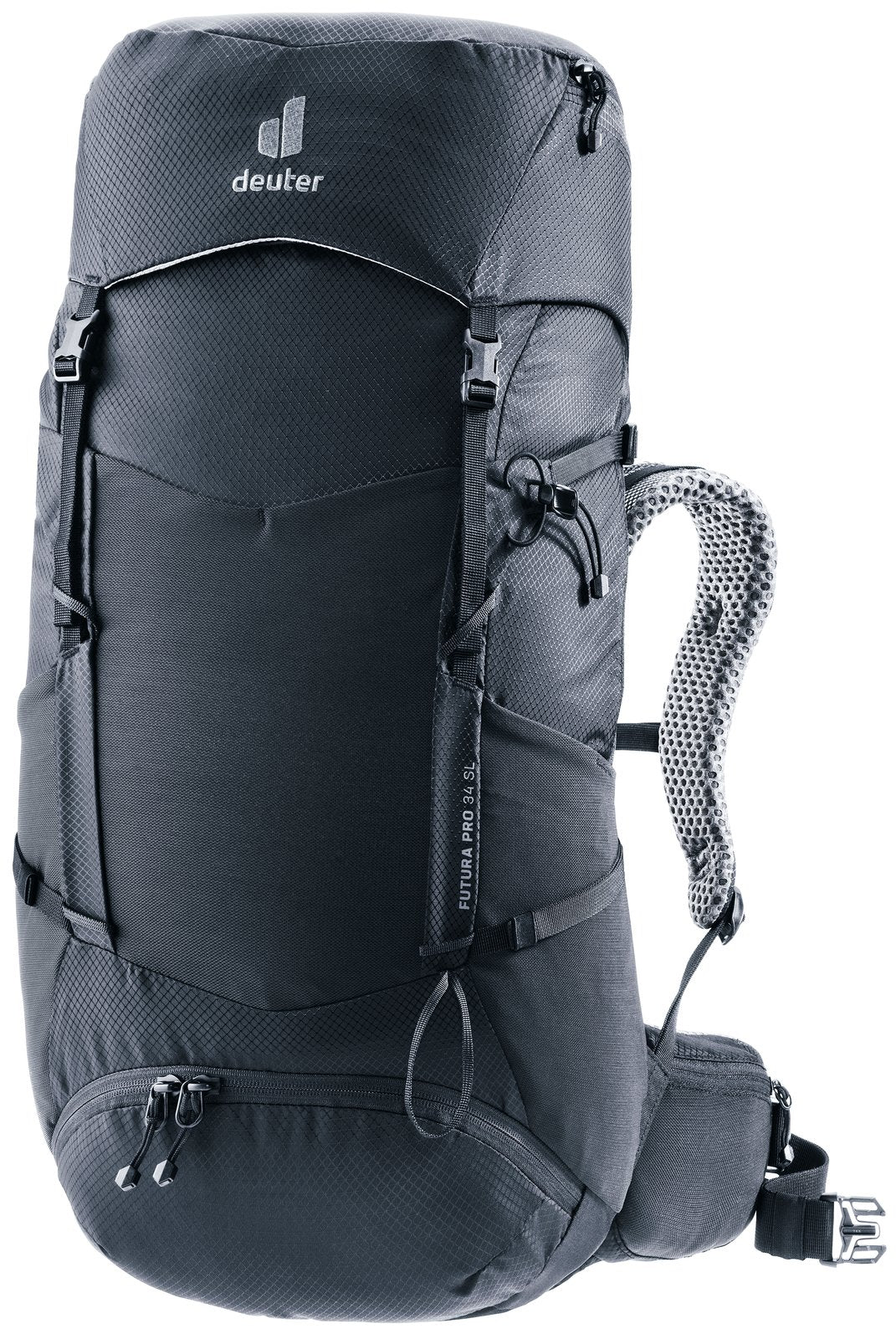 Deuter Futura Pro 34 SL women's hiking backpack in Black, front three-quarter view