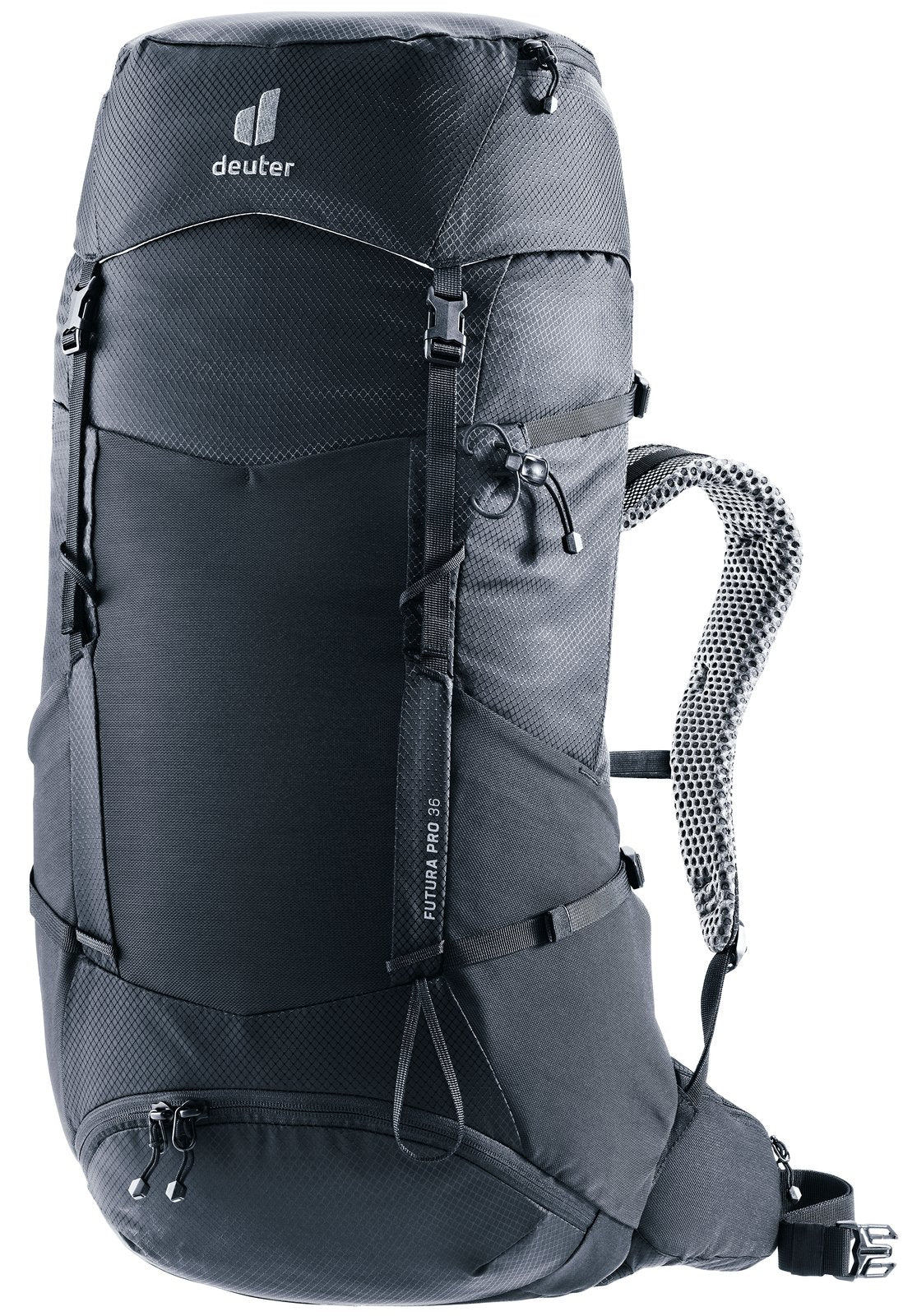 Deuter Futura Pro 36 hiking backpack in Black, front three-quarter view with mesh front pocket