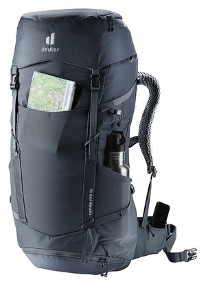 Deuter Futura Pro 36 with a map in the front pocket and a bottle in the side pocket