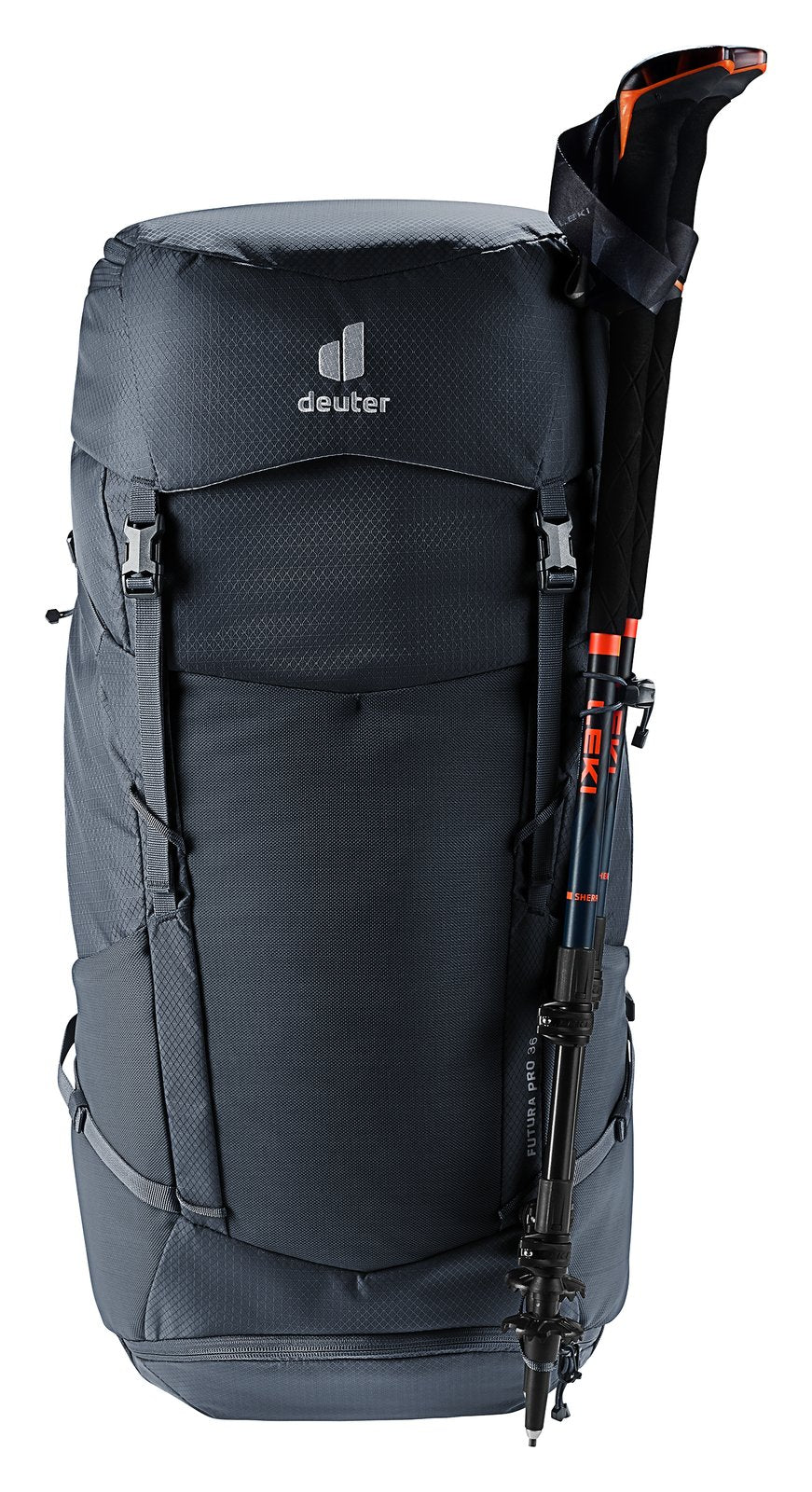 Deuter Futura Pro 36 with trekking poles held in the side attachment