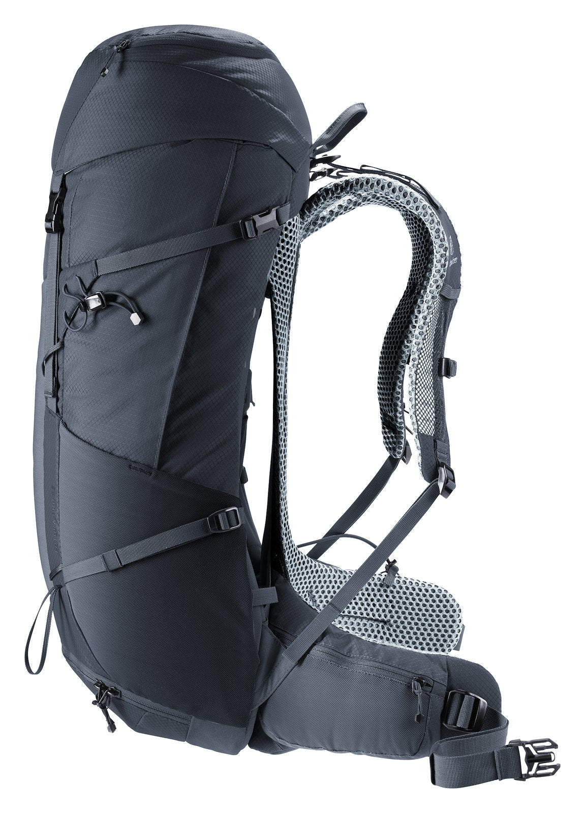 Deuter Futura Pro 36 side view with compression straps and side stretch pocket