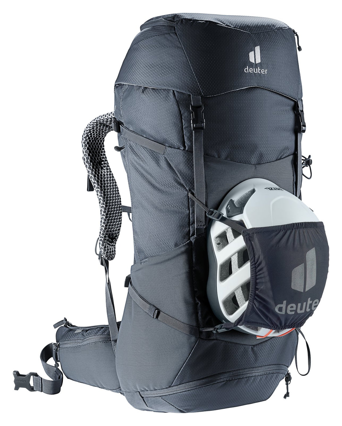 Deuter Futura Pro 36 carrying a helmet in the Deuter mesh helmet holder, sold separately