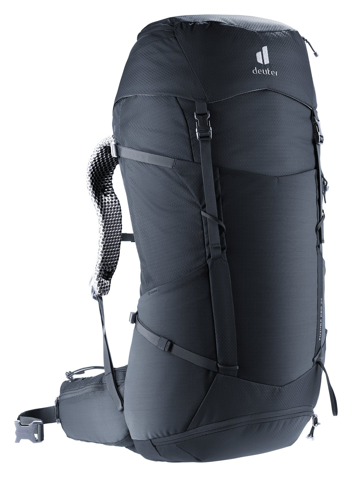 Deuter Futura Pro 36 in Black, side three-quarter view of the hip fin